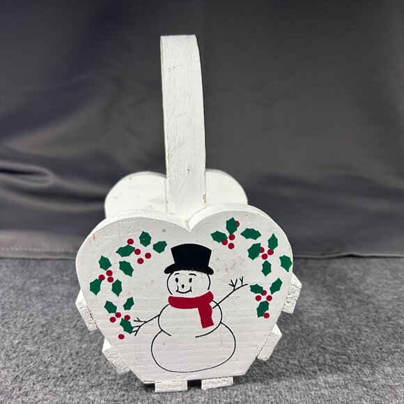 Vintage Sawmill Critters Handpainted Heart Shaped Snowman Christmas Wood Basket - Picture 4 of 6